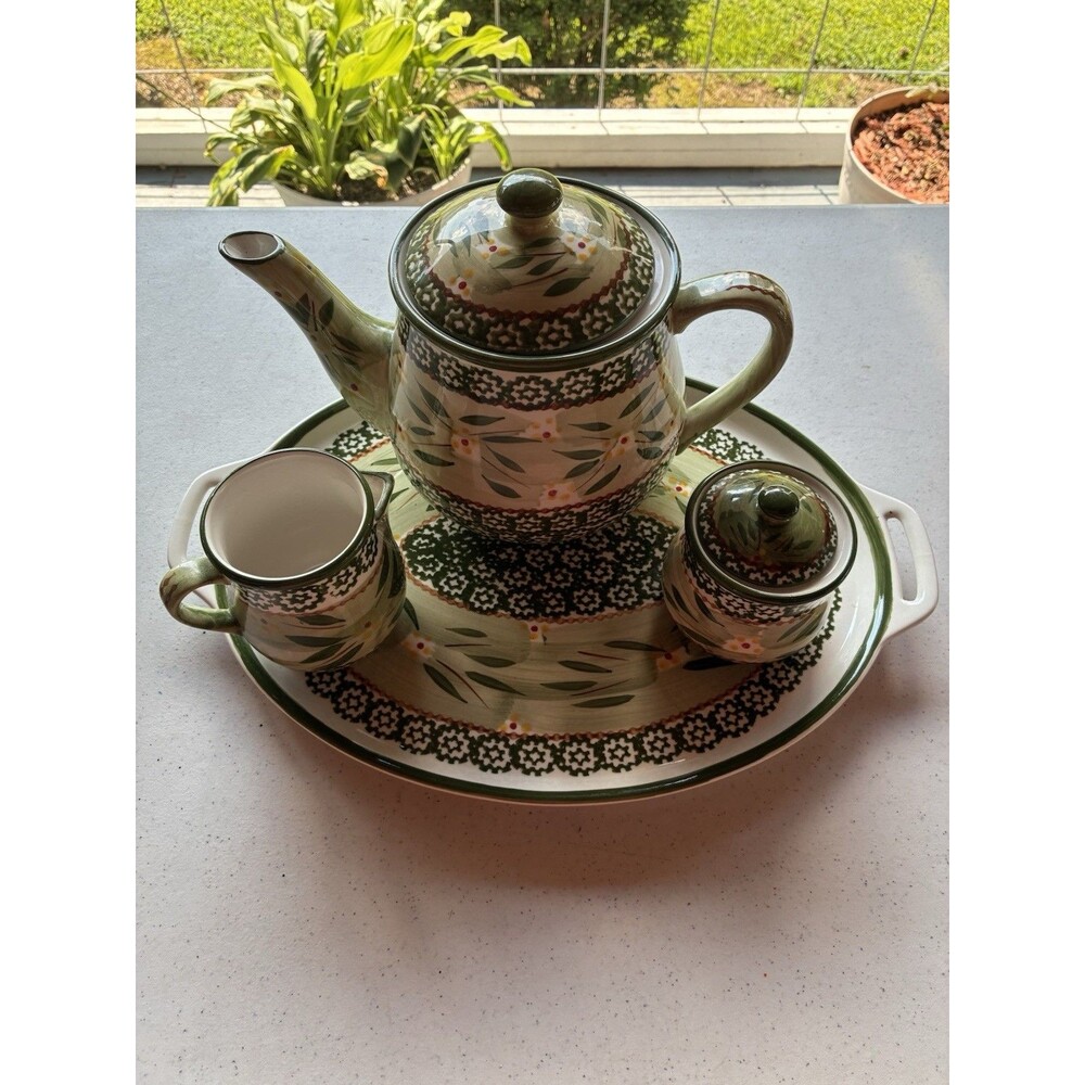 Temp-tations by Tara 6 pc Ceramic Floral Tea Set 2 Cup Teapot Tray Green